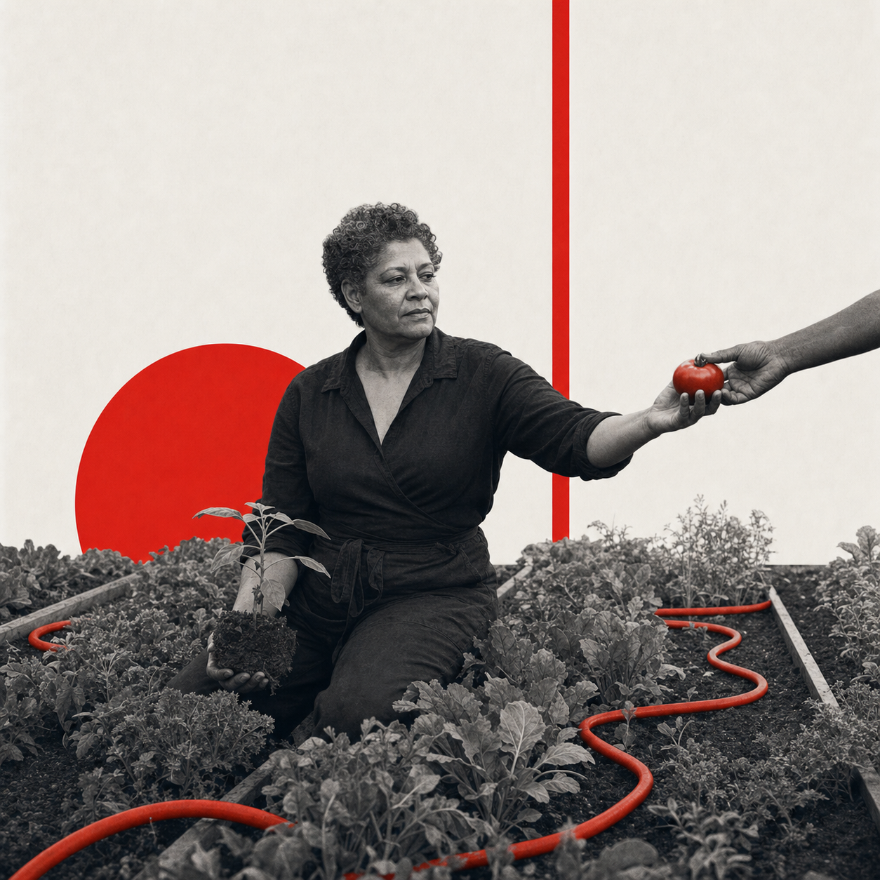 Swiss photomontage of a woman tending a thriving communal garden while accepting fruit from another hand
