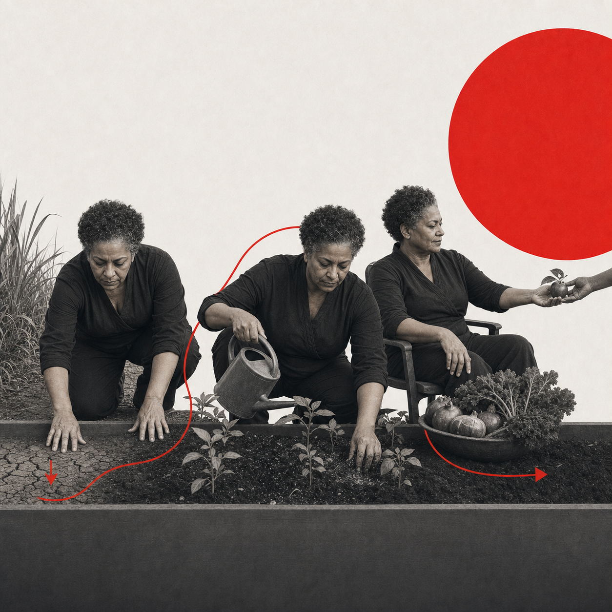 Swiss sequential photomontage of dry soil being restored until a shared garden produces food