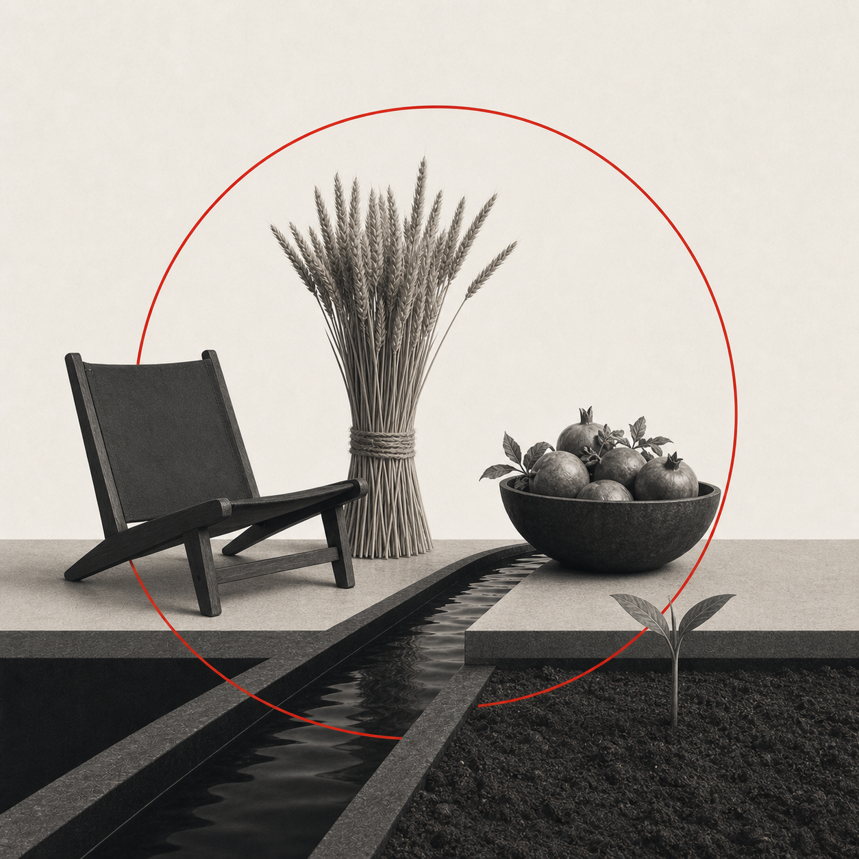 Swiss still life of harvested wheat, circulating water, fruit, and an open chair arranged as a balanced cycle