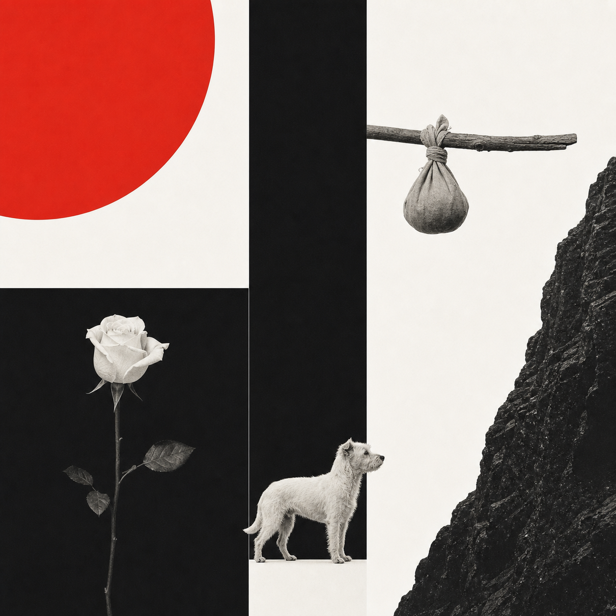Swiss still life of a white rose, a cliff edge, and a small white dog