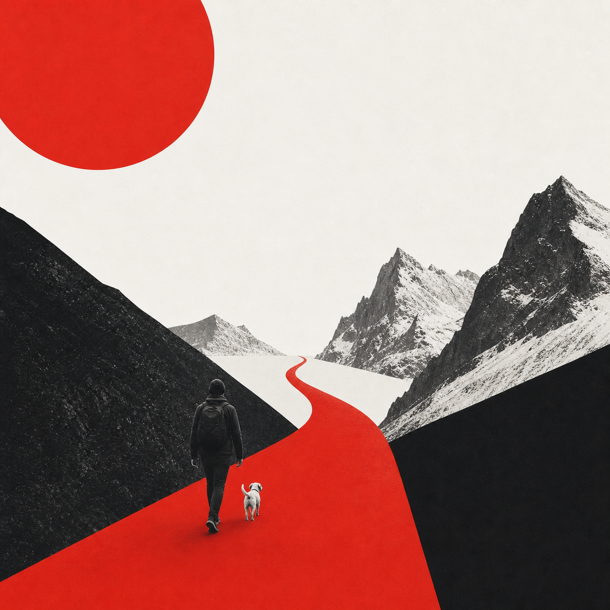 Swiss mountain photomontage with an open road beginning at a bright horizon