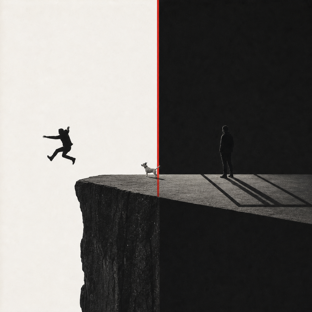 Swiss architectural photomontage of a figure stepping past an ignored warning sign