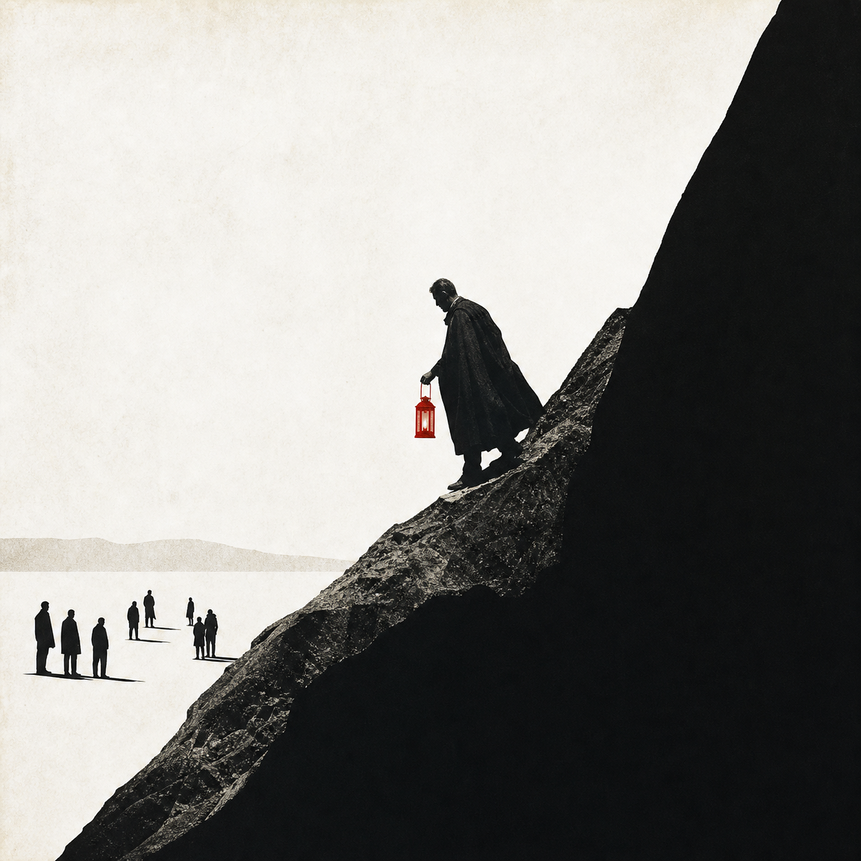 Swiss photomontage of a figure carrying a red lantern down a mountain toward others