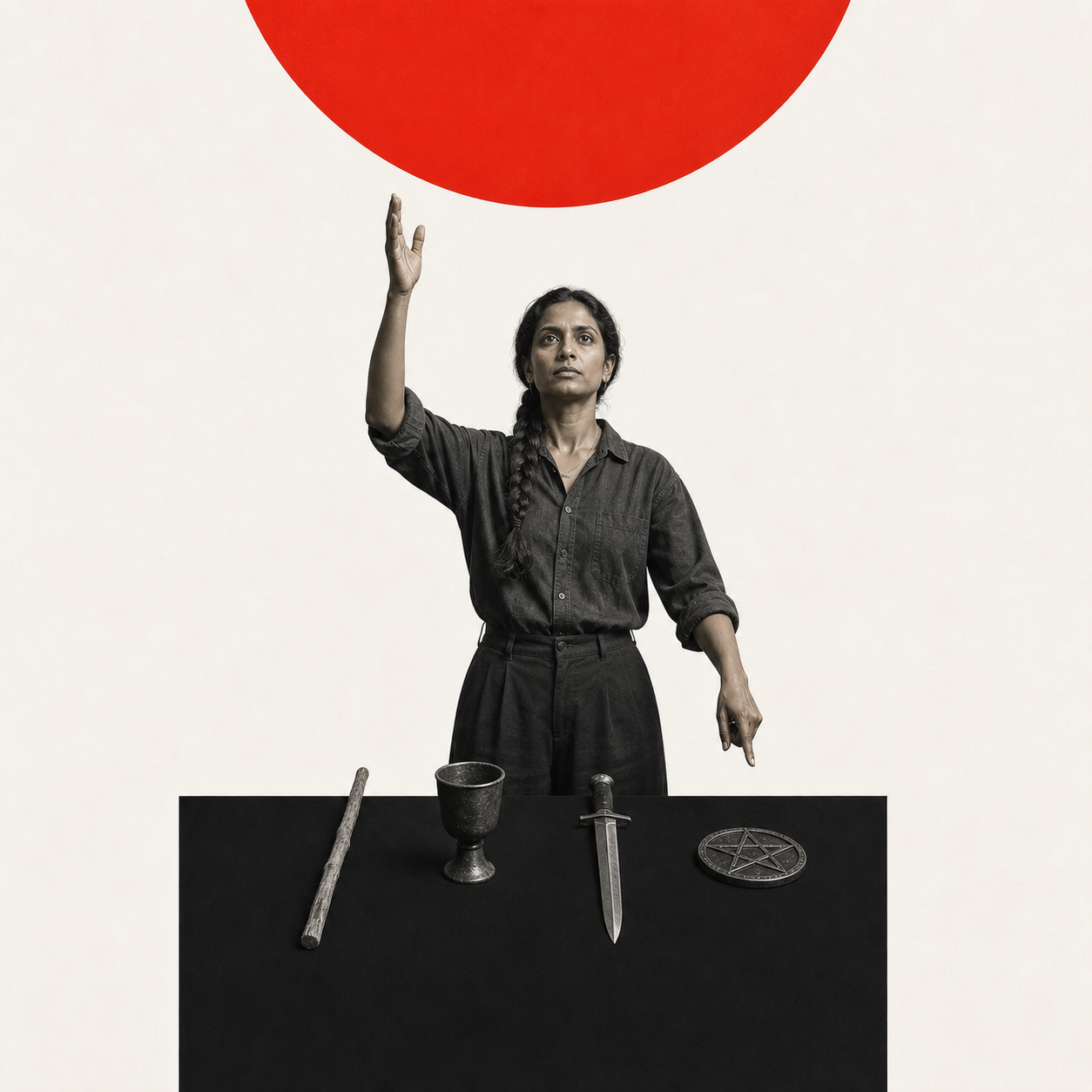 Swiss photomontage of a South Asian woman at a worktable, one hand raised and one pointing downward